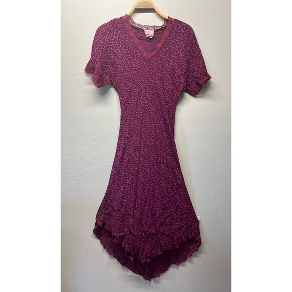 April Cornell Midi Maxi Dress V-Shaped Hem Medium Burgundy Purple Dots Lace Y2K - Picture 1 of 9